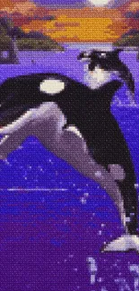 Pixel art of an orca jumping in a purple ocean at sunset.