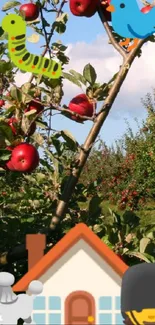 Lush orchard with ripe red apples and ladder under a clear sky.