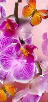 Pink orchids and butterflies mobile wallpaper.