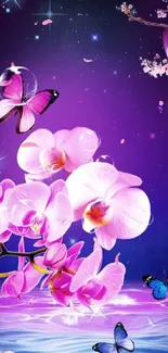 Orchid and butterfly wallpaper with purple night sky.