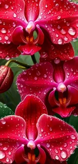 Vibrant red orchid with dew drops and lush green leaves.