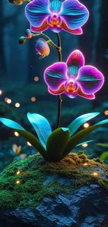 Vibrant orchid glowing in a mystical forest setting.