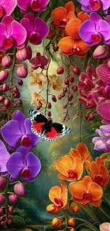 Vibrant orchids with a butterfly in a colorful floral scene.