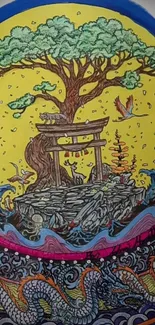 Vibrant oriental art with tree, waves, and dragons.