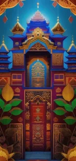 Vibrant oriental temple wallpaper with intricate details.