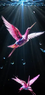 Vibrant pink origami birds with glowing light background.