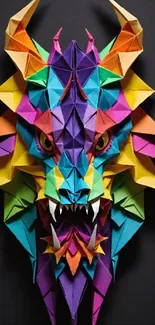 Colorful origami dragon art wallpaper on black background.