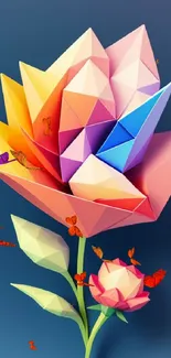 Origami flower with colorful geometric petals on a dark blue background.