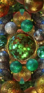 Colorful ornamental spheres in a vibrant pattern.
