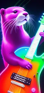 Neon otter playing a colorful guitar in vibrant hues.