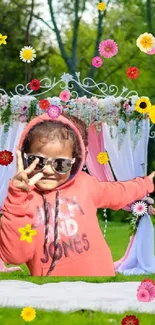 Colorful celebration scene with decorations and a playful child in the center.