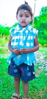 A child in blue stands outdoors with green scenery.