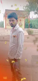 Stylish man standing outdoors with vibrant leaf details.