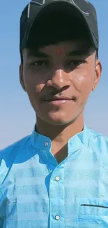 Portrait of a young man in a blue shirt against a clear sky.