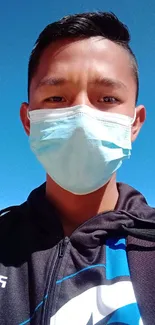 Person in a mask outdoors against sky-blue background.