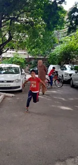 Child running in a vibrant urban street with greenery and parked cars.