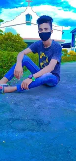 Stylish young man sits outdoors in a vibrant, colorful urban setting.