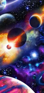 A colorful cosmic scene with multiple planets in space.
