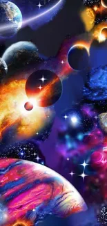 Vibrant cosmic scene with planets and galaxies on the wallpaper.