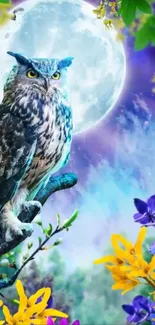 Vibrant owl perched under a full moon with colorful flowers.