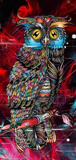 Colorful abstract owl artwork with vibrant red and blue tones.