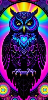 Colorful neon owl artwork with intricate patterns and vibrant colors.