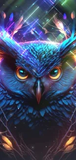 Vibrant owl with glowing eyes in a colorful artistic style.