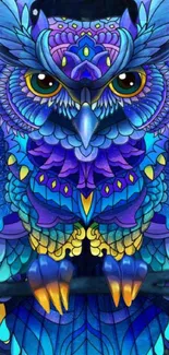 Vibrant and colorful owl art wallpaper in blues and purples.