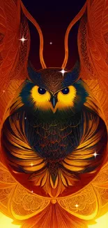 A vibrant owl wallpaper with intricate orange and yellow hues.