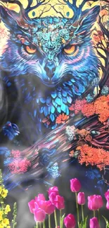 Colorful owl art wallpaper with vibrant flowers and a mystical forest.