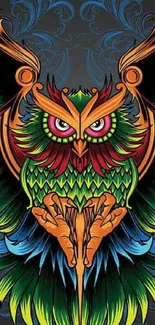 Vibrant, colorful owl art wallpaper with intricate patterns.