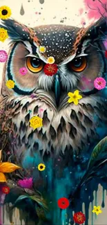 Artistic owl wallpaper with vibrant colors and floral accents.