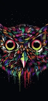 Vibrant owl illustration in psychedelic colors on black background.