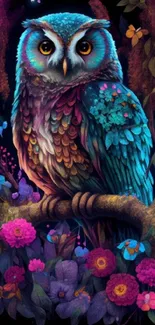 Vibrant owl artwork surrounded by colorful flowers and nature.