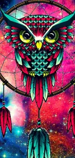 Colorful owl on dreamcatcher cosmic wallpaper with vibrant pink and teal hues.