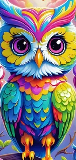 Vibrant colorful owl art illustration wallpaper with whimsical colors.