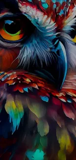 Colorful abstract owl artwork in vibrant hues.