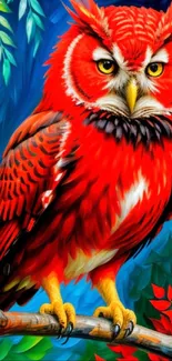 Digitally illustrated vibrant red owl on branch