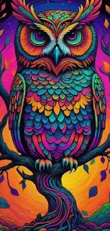 Vibrant colorful owl art wallpaper on a tree.