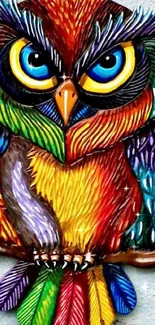 Colorful vibrant owl artwork with striking blue eyes on mobile wallpaper.