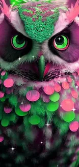 Vibrant owl with green and pink feathers on a mobile wallpaper.