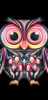 Vibrant owl art wallpaper with colorful and intricate design on black background.