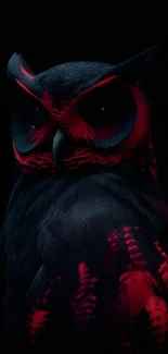 Vibrant owl with red accents on dark background wallpaper.