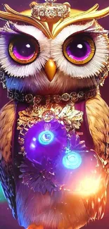 Fantasy owl with vibrant colors on a magical mobile wallpaper.