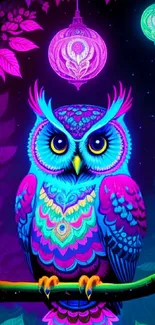 Vibrant neon owl with intricate patterns and glowing lights in a colorful design.