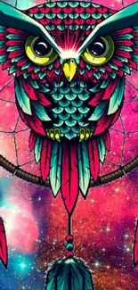 Vibrant owl and dreamcatcher wallpaper with cosmic background.