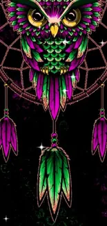 Vibrant purple and green owl dreamcatcher wallpaper art.