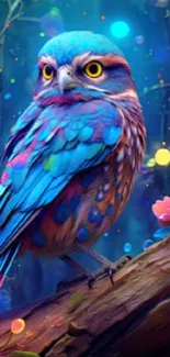 Colorful fantasy owl perched on a branch in a vibrant forest setting.