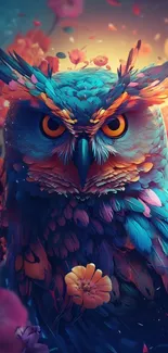 Vibrant owl fantasy art with colorful feathers and intense eyes in a dreamy setting.