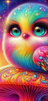 Colorful owl sitting on a vibrant mushroom with fantasy elements.